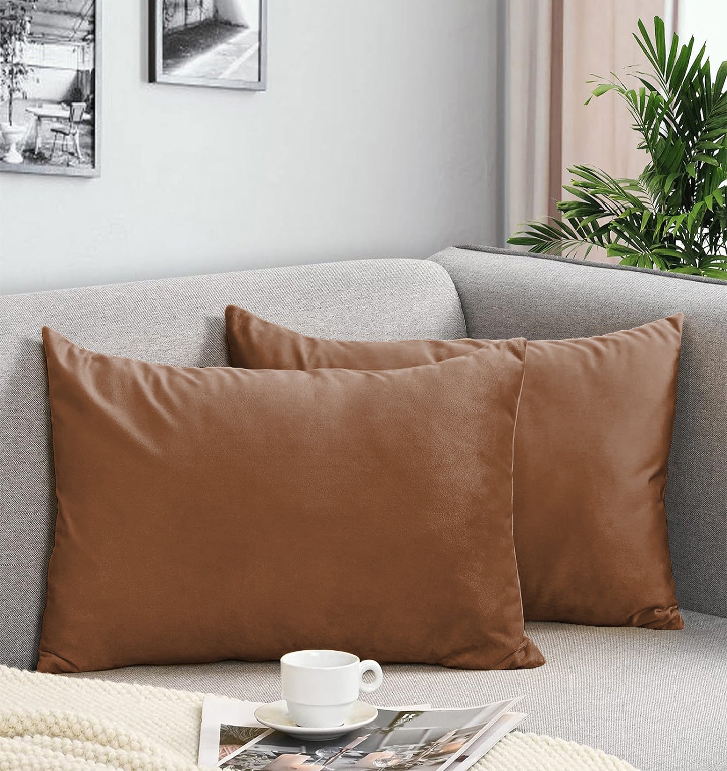 CASABLEU VELVET RECTANGULAR CUSHION COVER THROW PILLOW COVER FOR LIVING ROOM COUCH SINGLE SOFA, COLOURFUL MODERN COLOUR - BROWN)