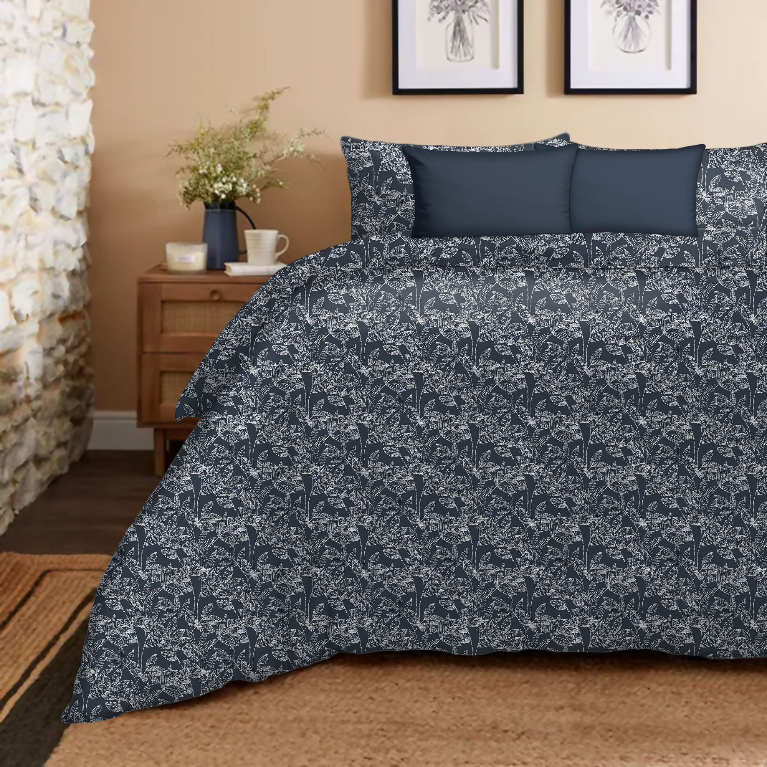 Meadow D-Grey Bedcover for Double Bed with 2 Pillow Covers King Size (104" X 90")