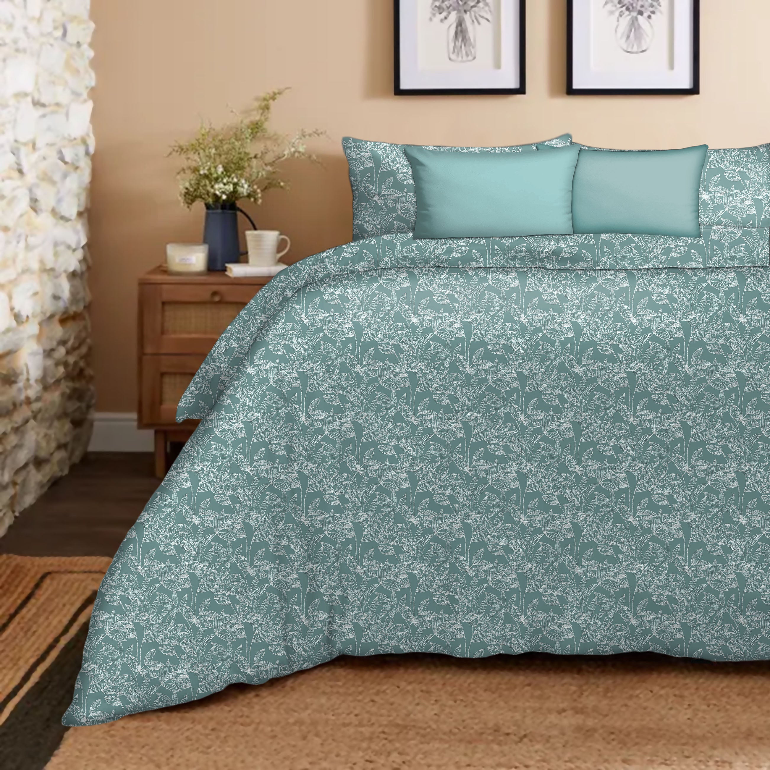 Meadow Dark-Sea-Green Bedcover for Double Bed with 2 Pillow Covers King Size (104" X 90")