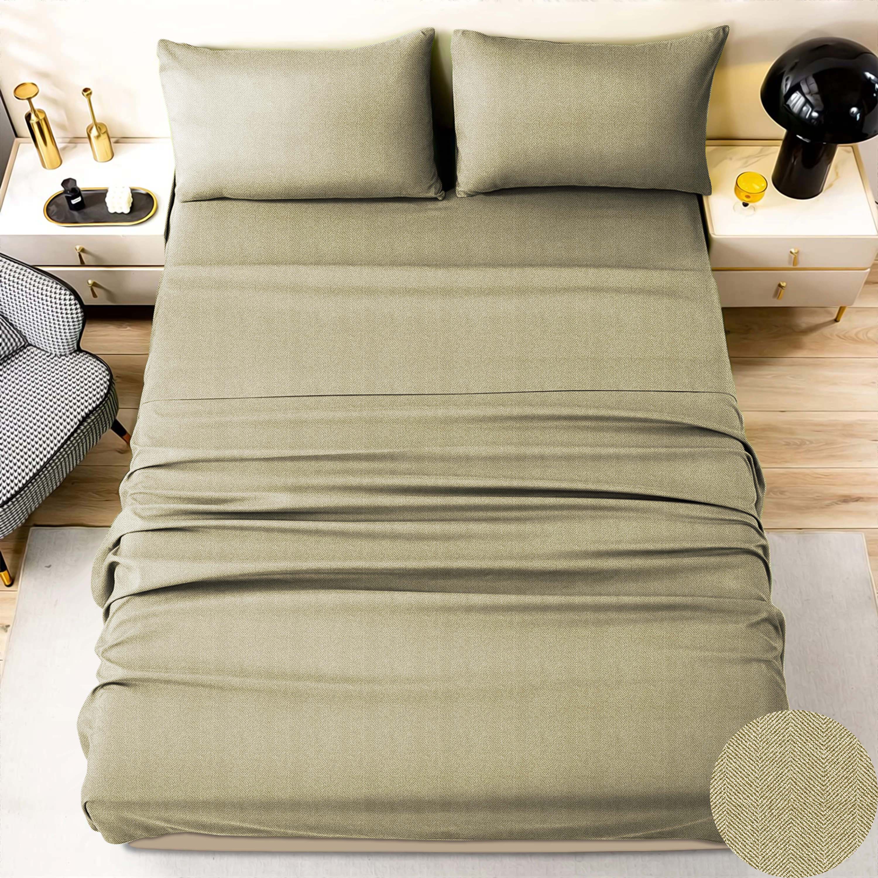 Herringbone L Green Bedcover for Double Bed with 2 PillowCovers King Size (104" X 90")