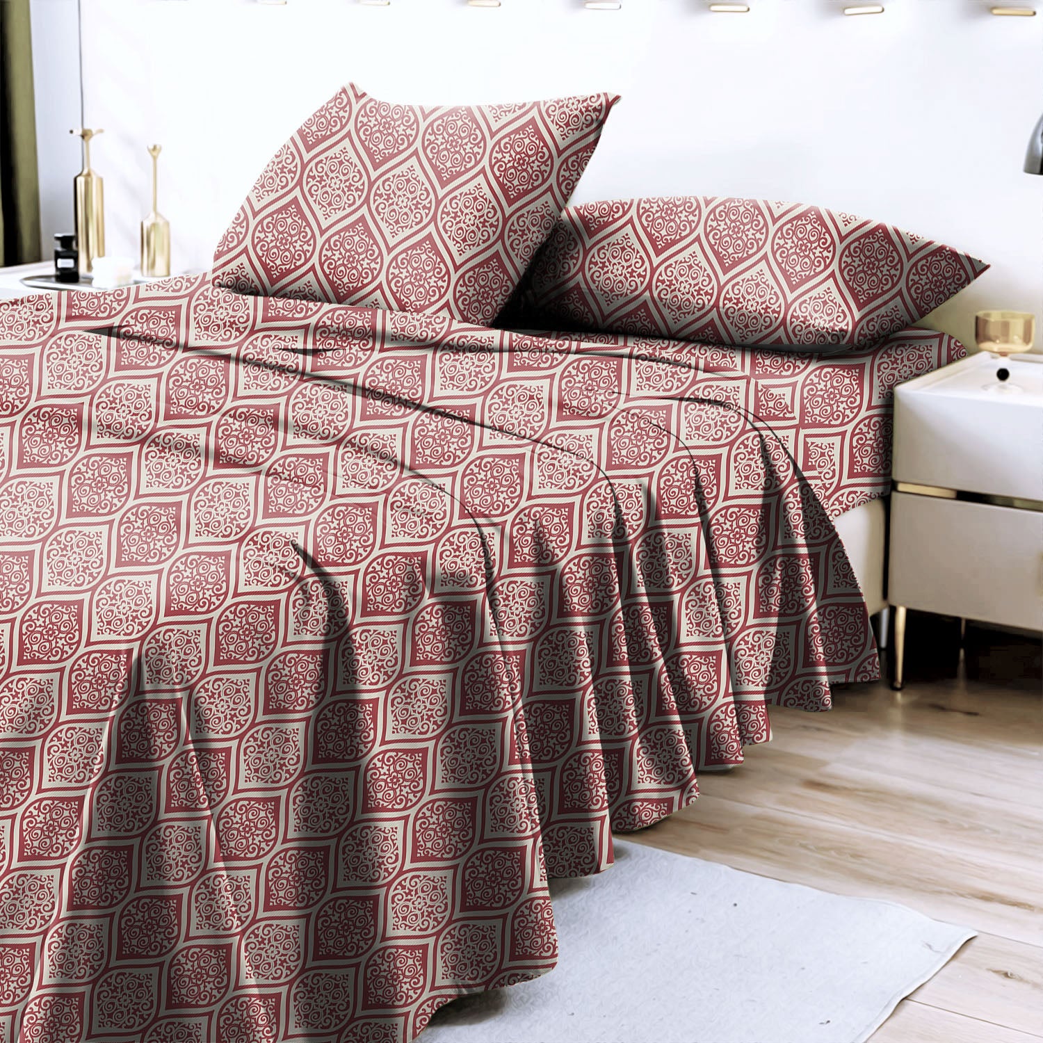 Manhattan Light Burgundy Bedcover for Double Bed with 2 Pillow Covers King Size (104" X 90")