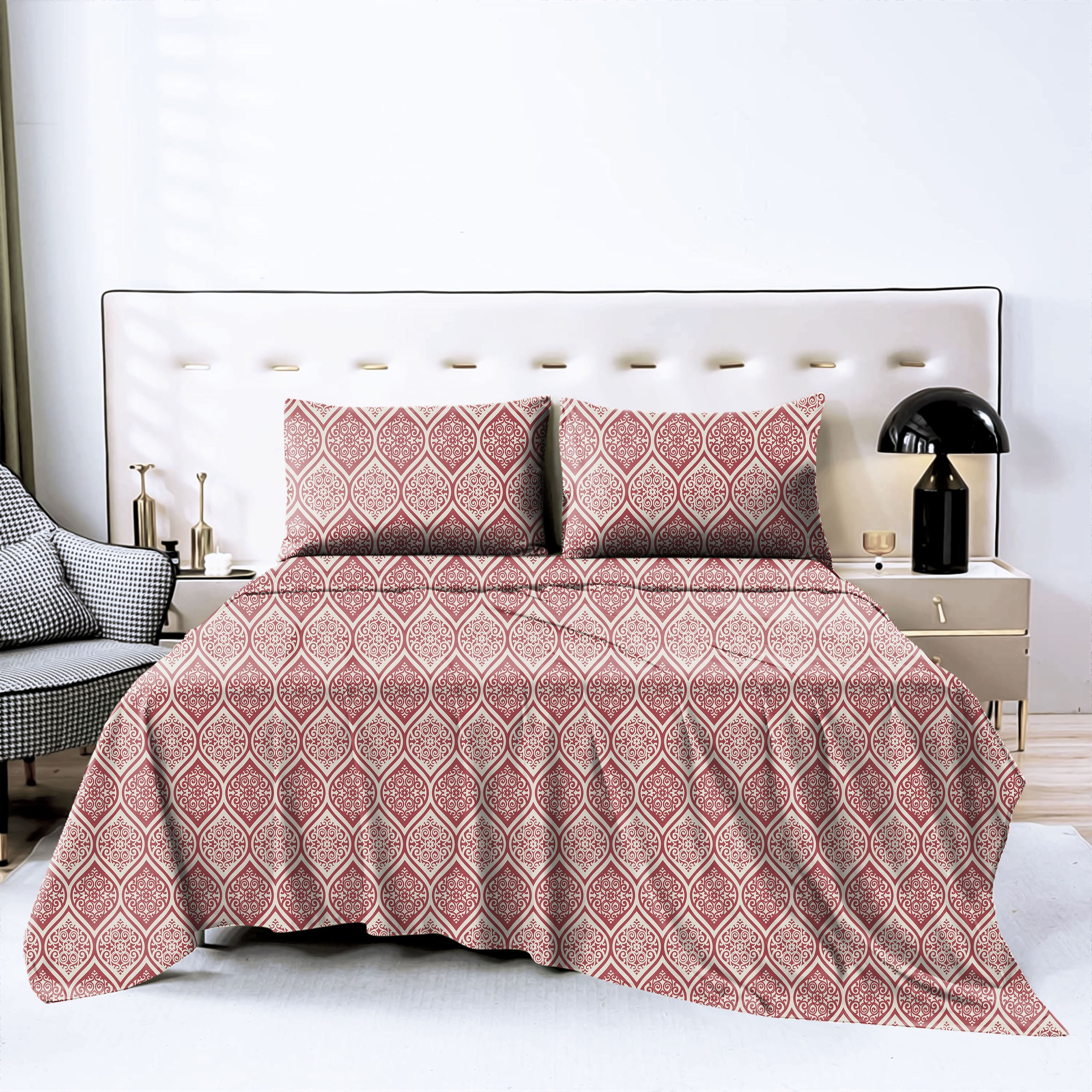 Manhattan Light Burgundy Bedcover for Double Bed with 2 Pillow Covers King Size (104" X 90")