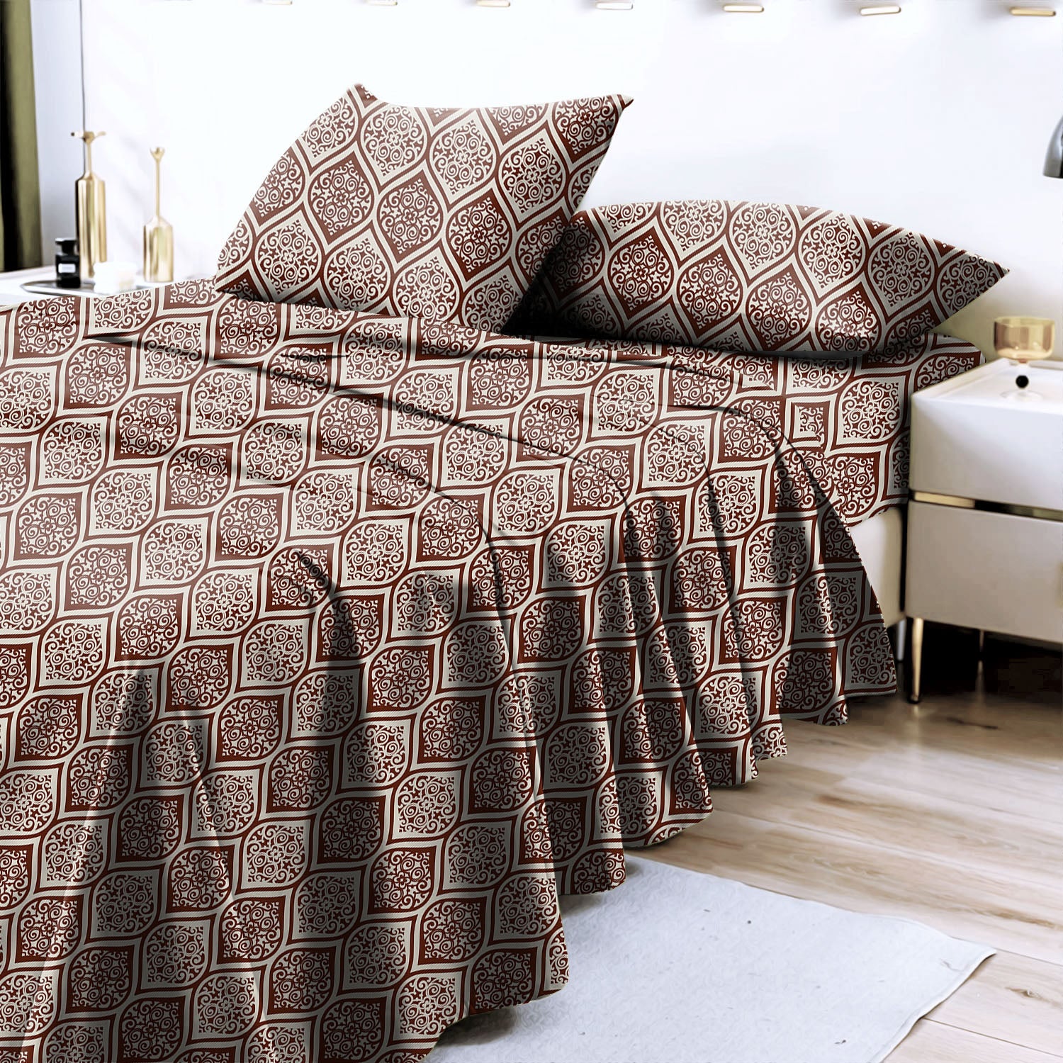 Manhattan Redwood Bedcover for Double Bed with 2 Pillow Covers King Size (104" X 90")