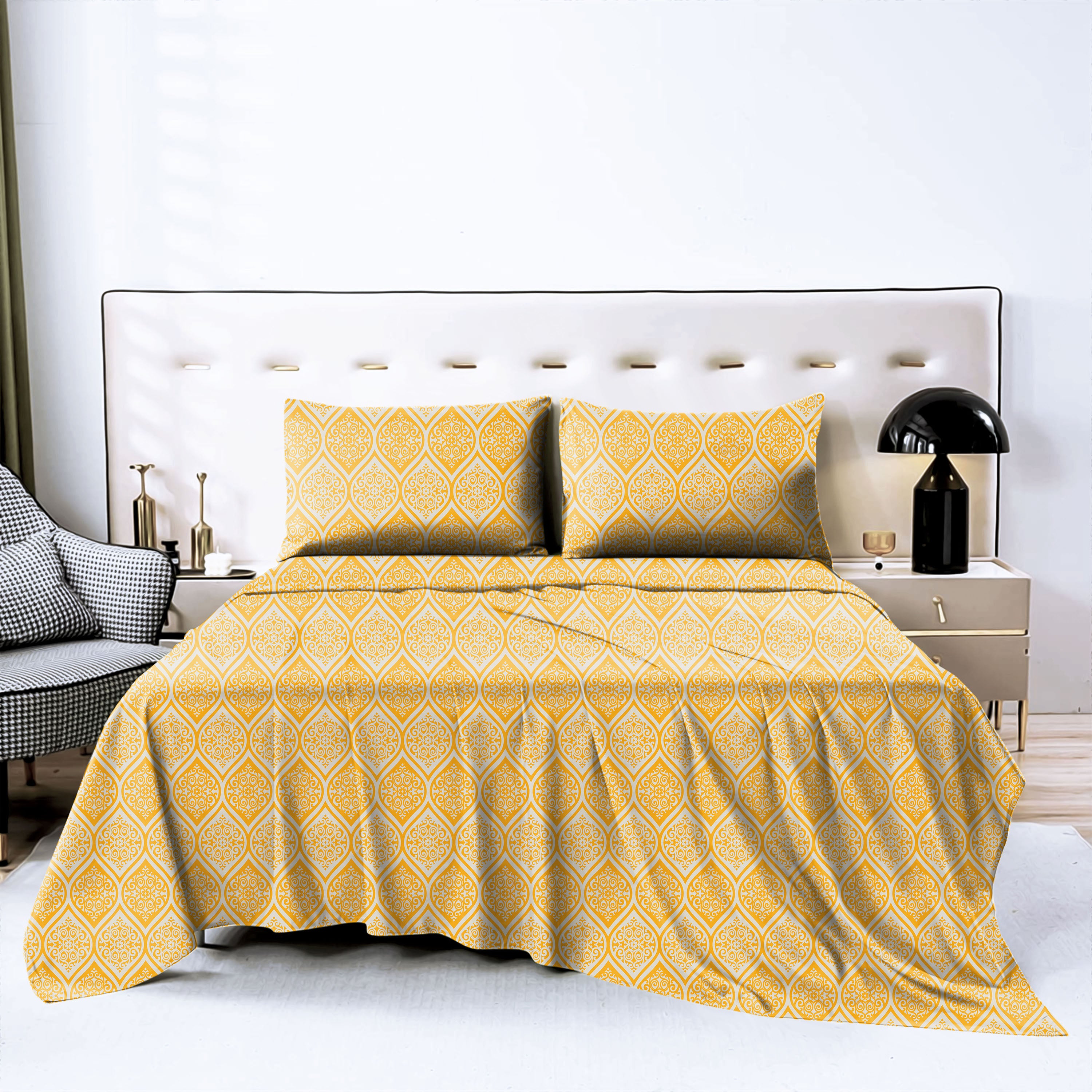 Manhattan Yellow Bedcover for Double Bed with 2 Pillow Covers King Size (104" X 90")