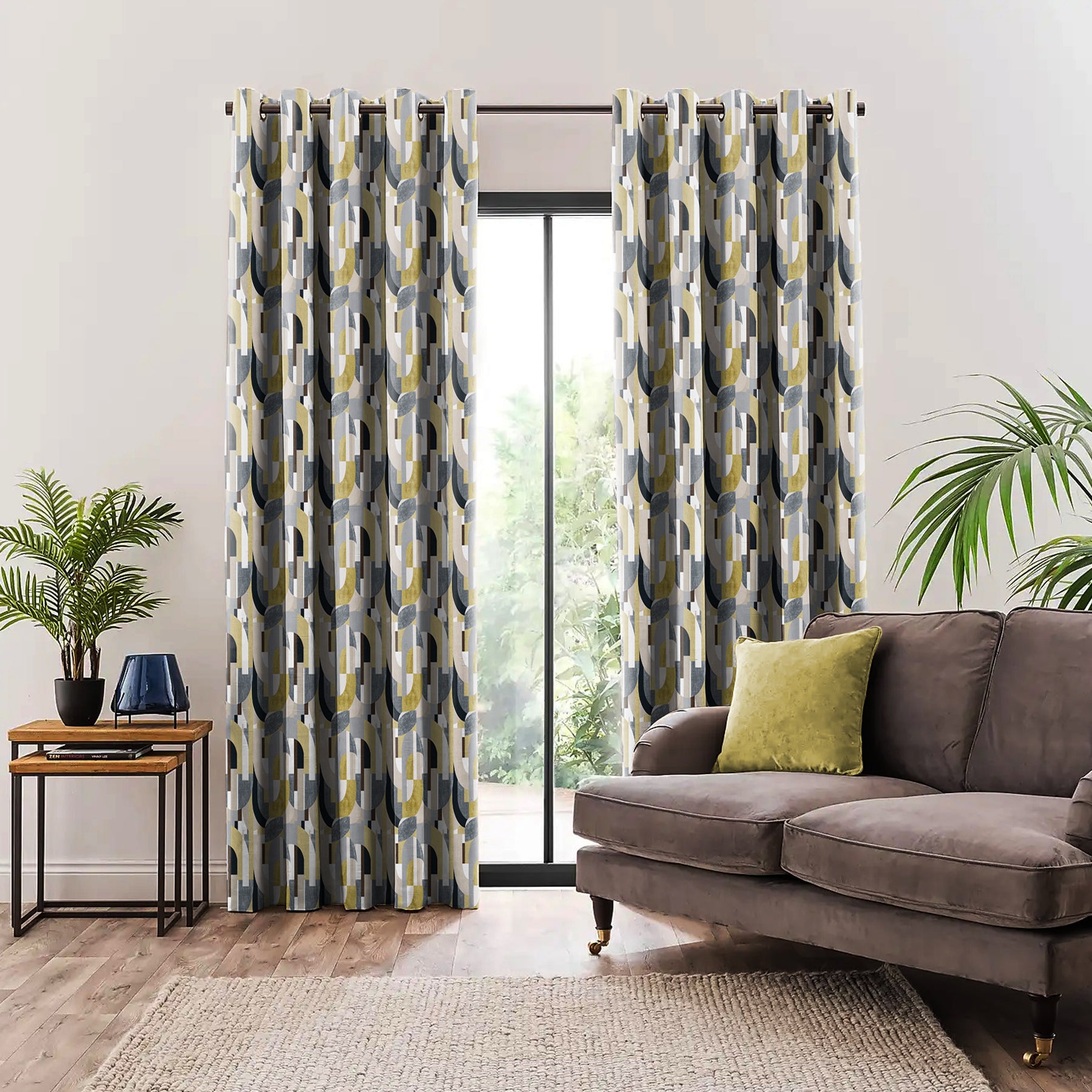 ILLUSION CURVES BLACKOUT CURTAIN YELLOW/GREY