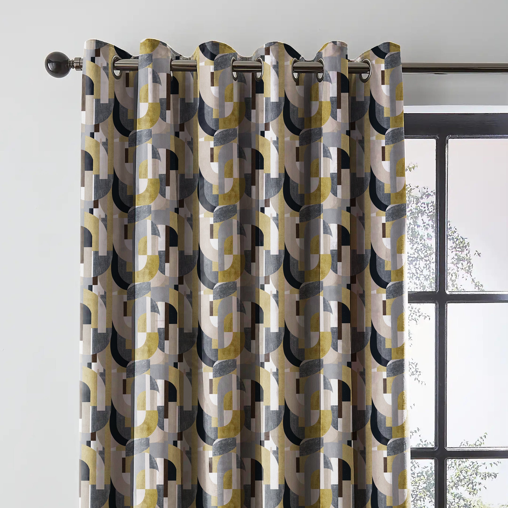 ILLUSION CURVES BLACKOUT CURTAIN YELLOW/GREY