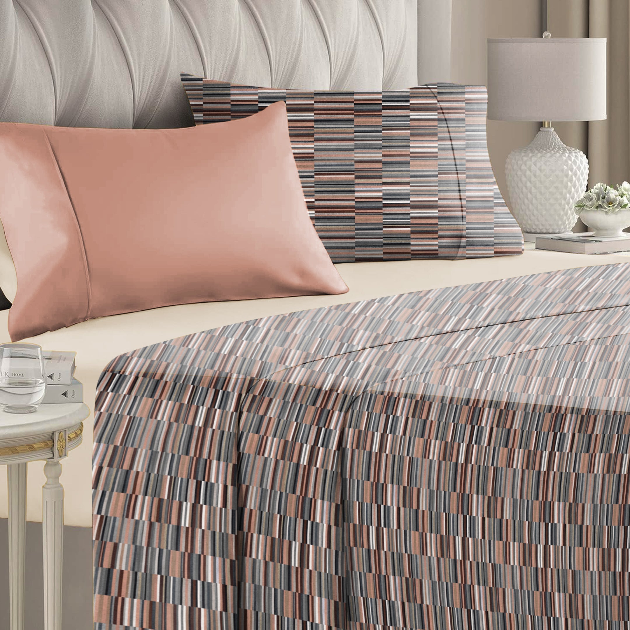 Illusion Dash Bedsheet for Double Bed with 2 PillowCovers King Size (104" X 90") Terracotta/Coffee